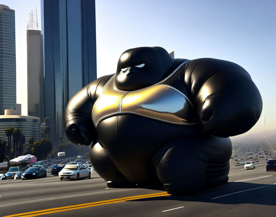 Glossy Inflatable Robot Character in Urban Setting