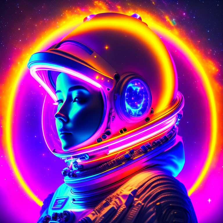 Neon-colored portrait of a person in futuristic astronaut suit