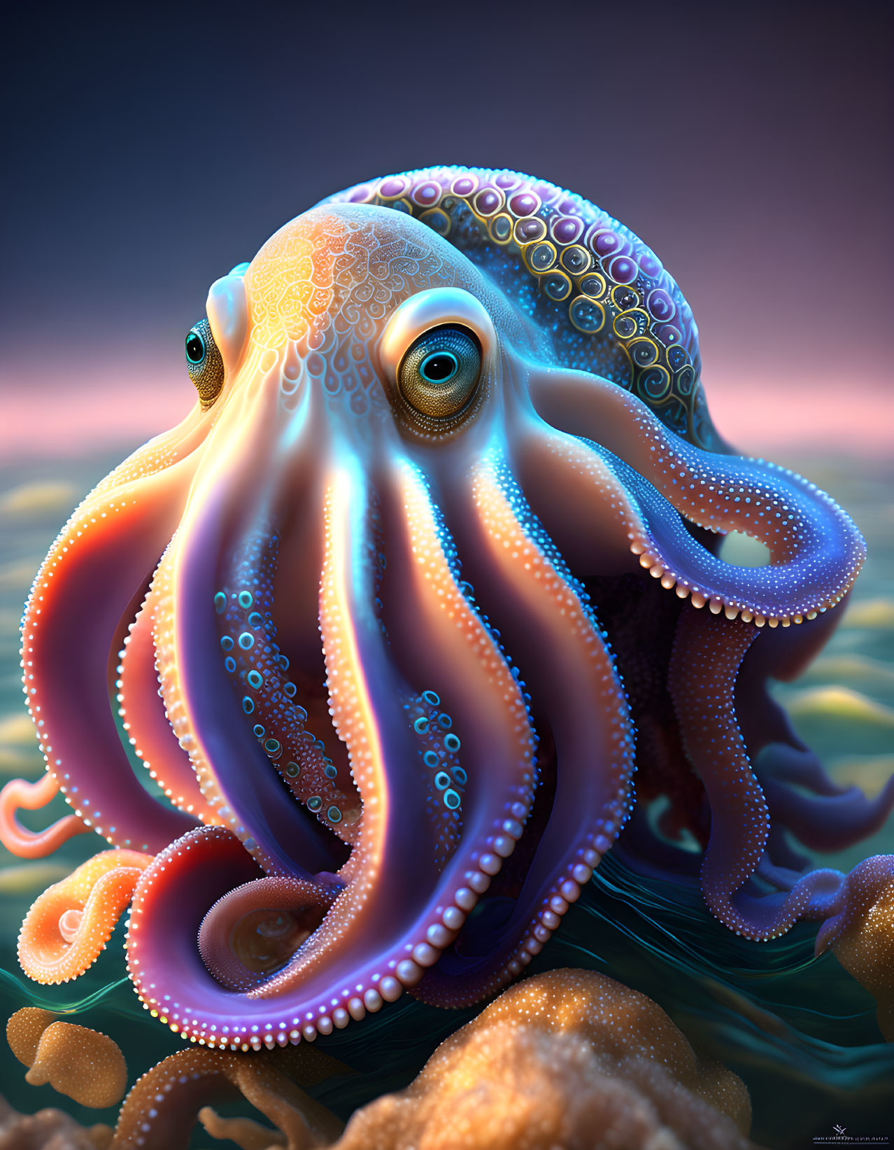 Colorful Octopus with Intricate Patterns and Expressive Eyes Against Sunset Sky