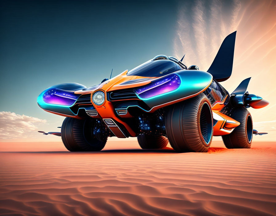 Futuristic orange car with large wheels in desert sunset