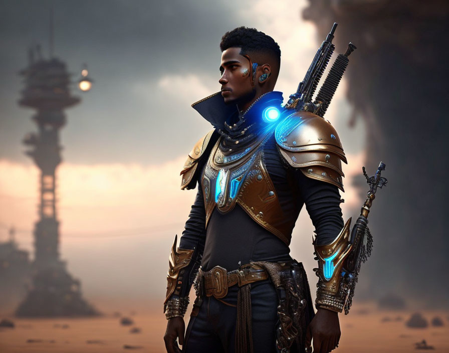 Futuristic warrior in glowing blue armor against industrial backdrop