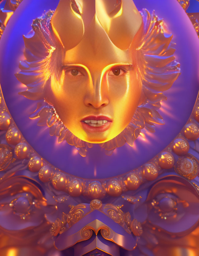 Golden fantasy portrait of luminous female face with sun-like rays on warm background