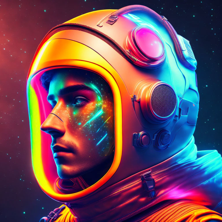 Colorful portrait of person in futuristic astronaut helmet with neon reflections on visor against cosmic backdrop