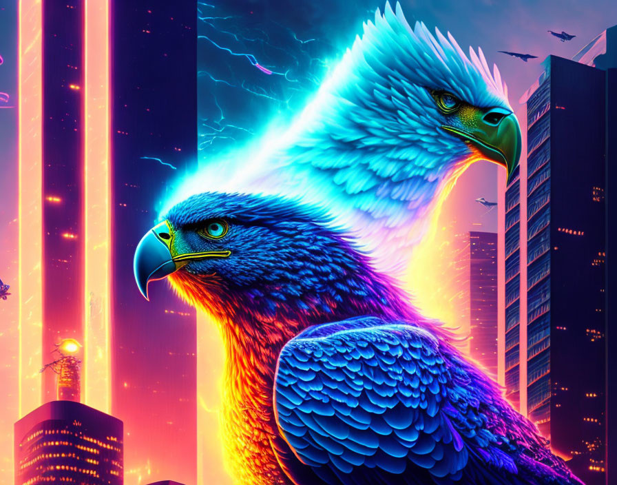 Neon-lit eagles in futuristic cityscape art