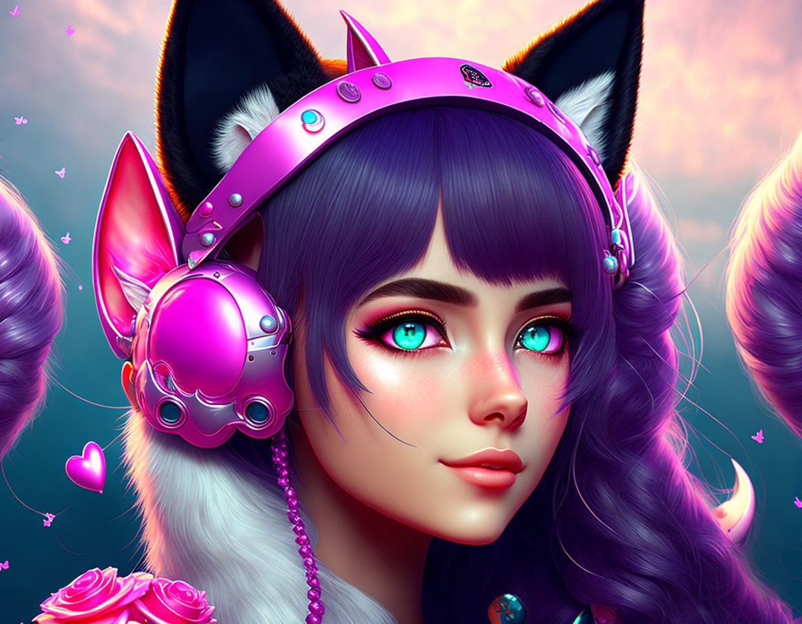 Illustration of person with blue hair, green eyes, cat ears, and futuristic pink headset