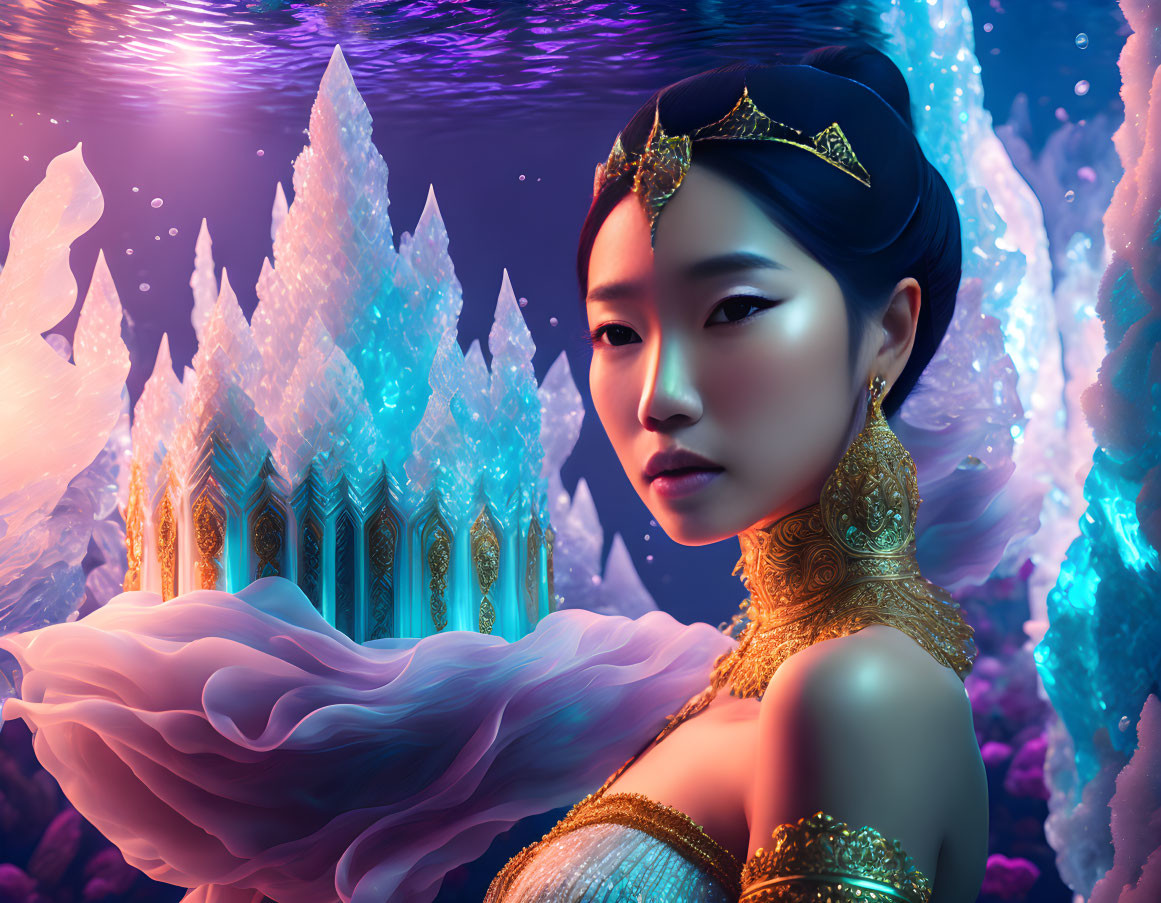 Ethereal woman with golden accessories in underwater scene