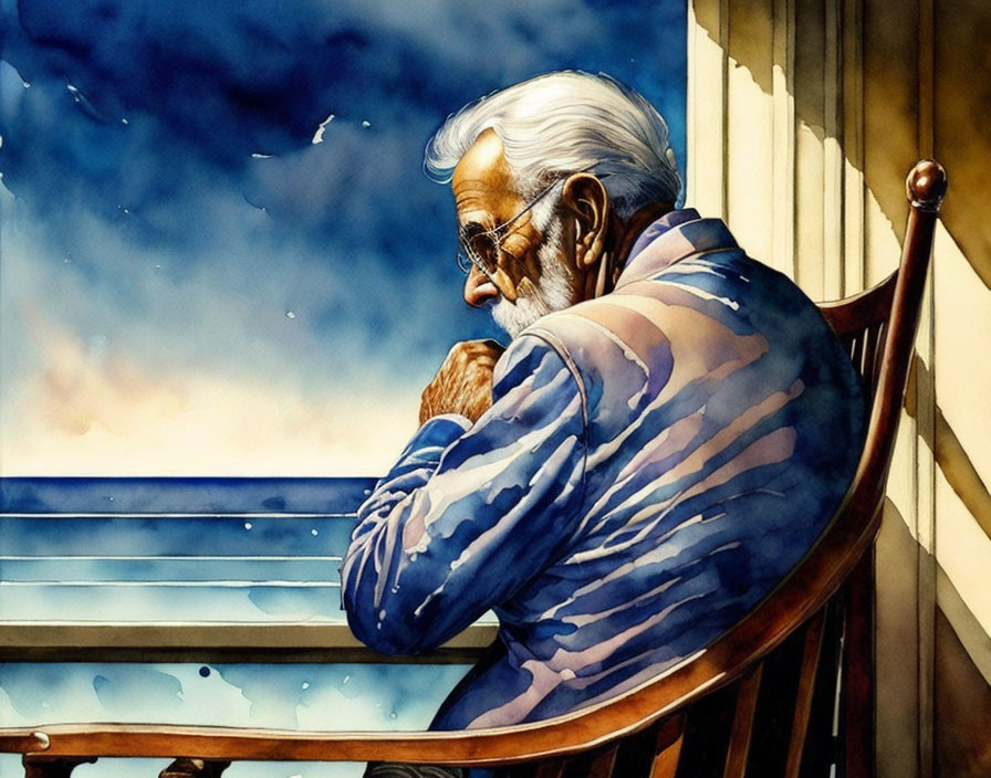 Elderly man with glasses and beard gazes out window pensively