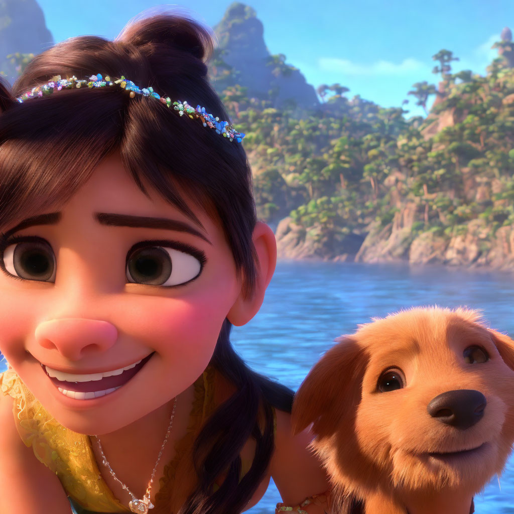 Smiling girl with headband and puppy in tropical setting