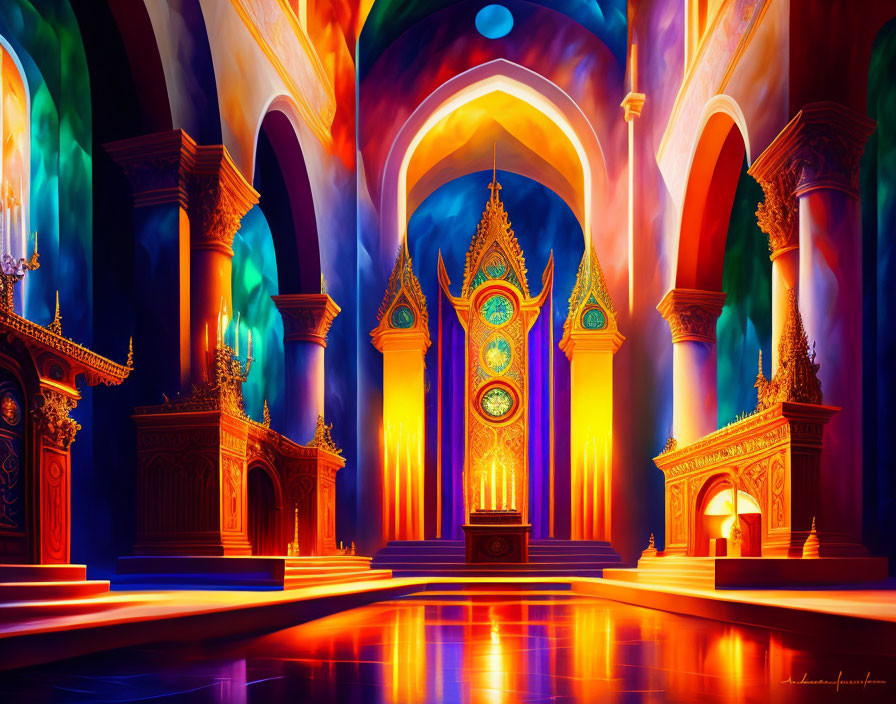 Colorful illustration of ornate cathedral interior with grand clock and tall columns