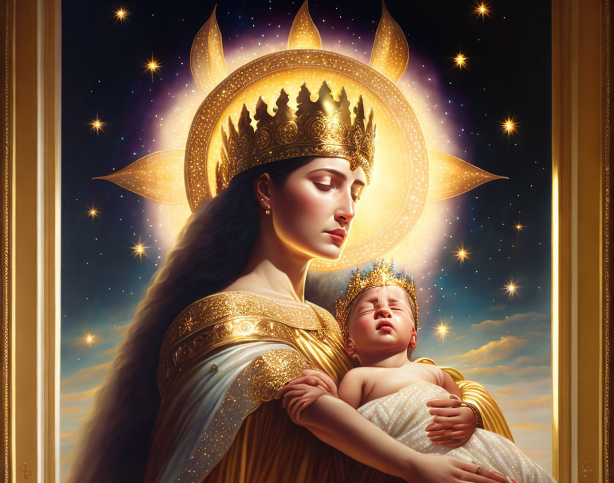 Royal woman with crown holding sleeping baby in celestial attire under starlit sky