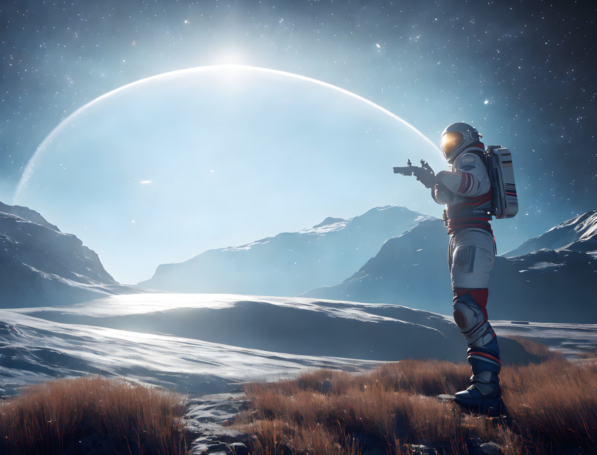 Astronaut on icy alien planet under bright ringed sun