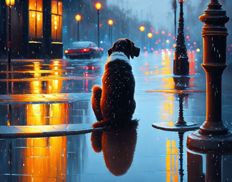 Silhouetted dog on wet street at night with city lights in rainy backdrop