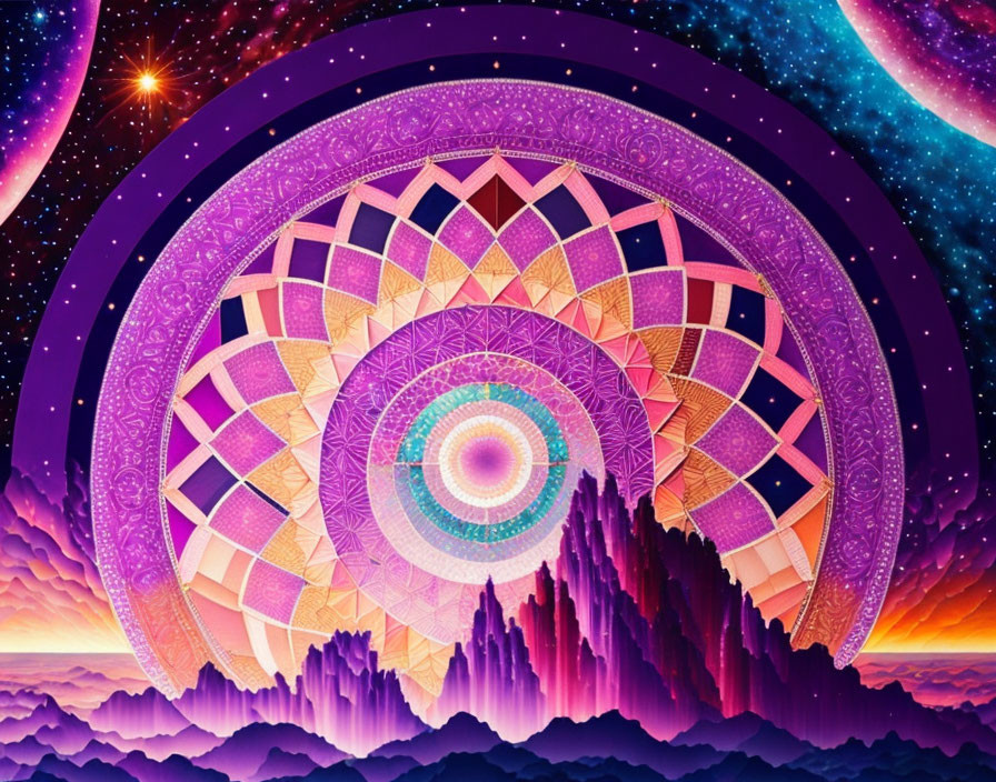 Colorful digital artwork: purple mandala on pink and orange landscape with cosmic background