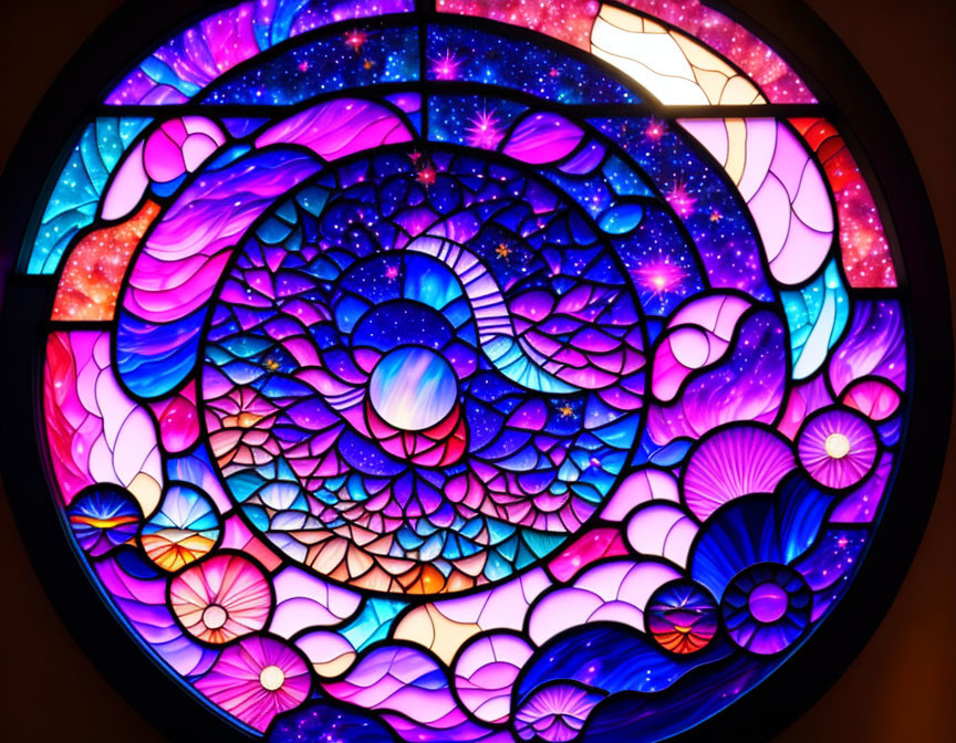 Colorful cosmic spiral stained glass window with stars on dark sky background