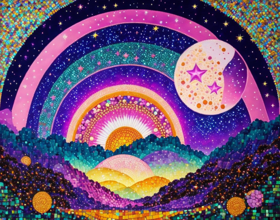 Colorful Psychedelic Cosmic Landscape Illustration with Rainbow Skies