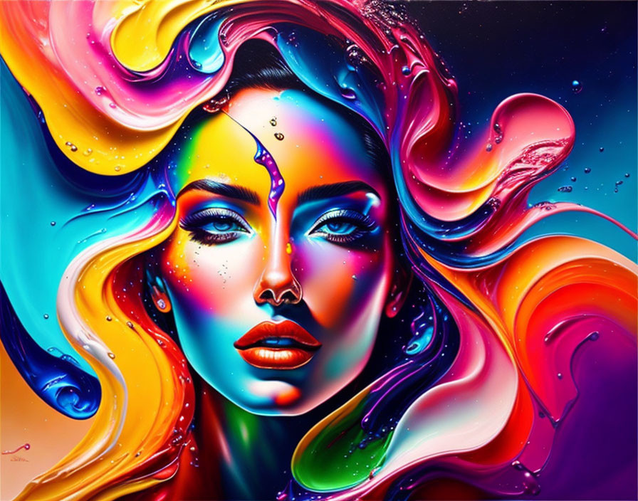 Colorful Woman's Face Artwork with Flowing Liquid Hair Effect