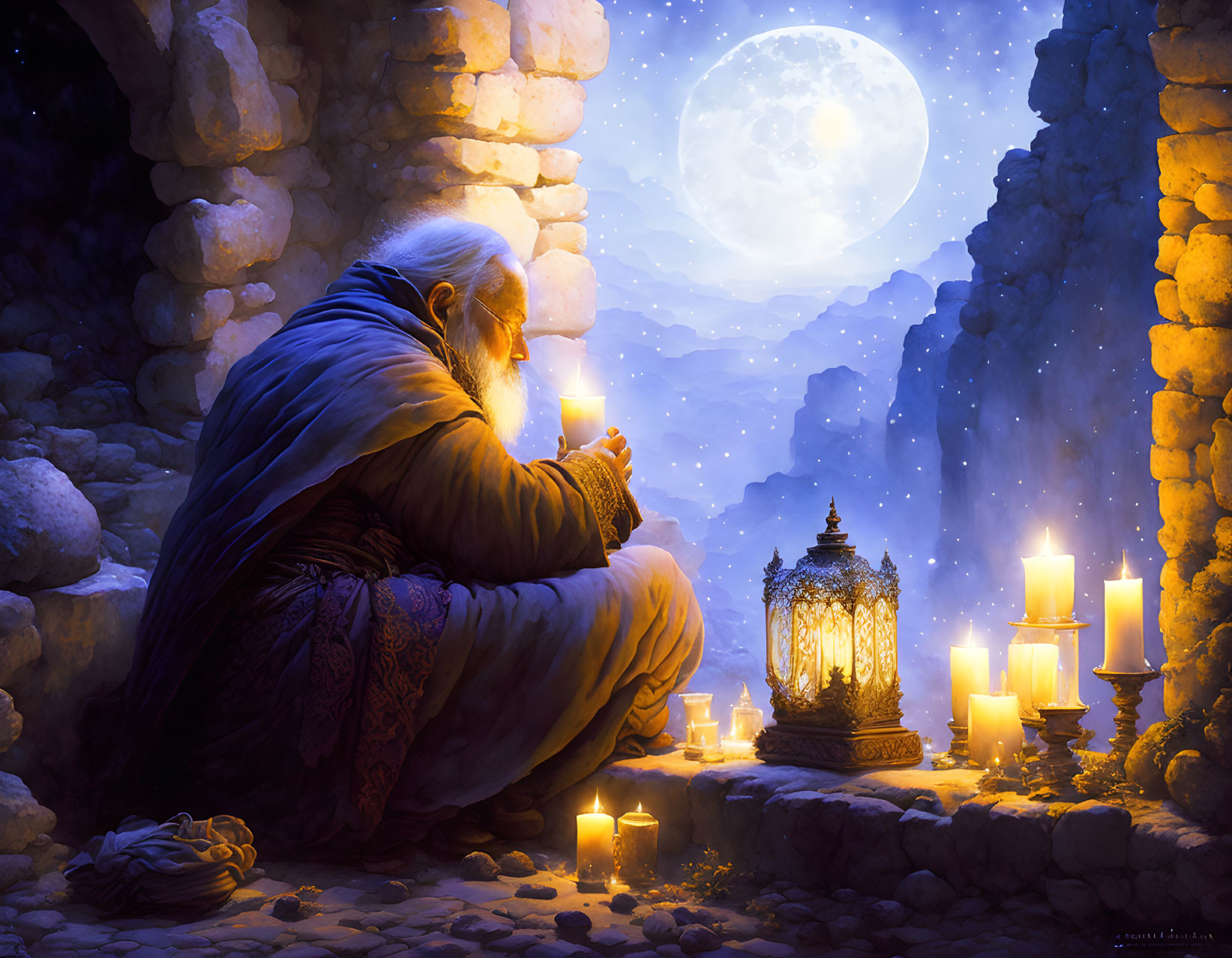 Bearded Elderly Man Holding Candle in Stone Alcove under Full Moon