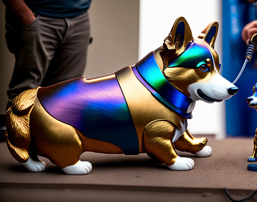 Colorful Metallic Corgi Sculpture with Gold and Blue-Purple Gradients