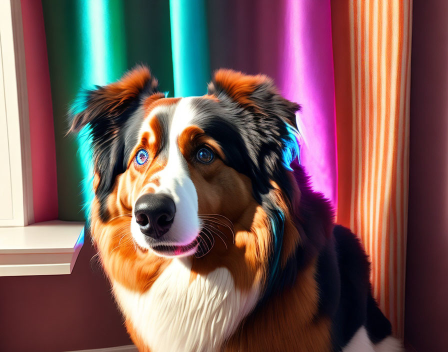 Tricolor Australian Shepherd Dog Indoors with Sunlight and Colorful Curtains