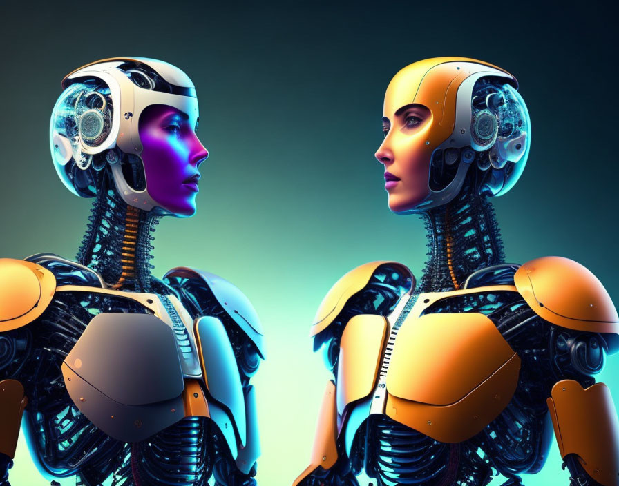 Two humanoid robots with intricate headgear and visible mechanical parts in blue and orange profile view.