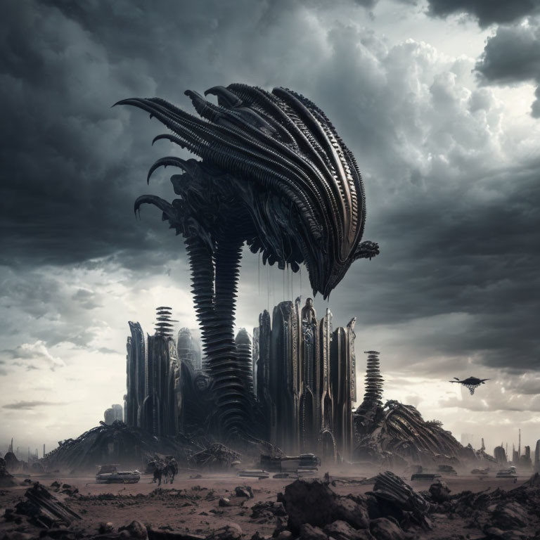 Dystopian landscape with alien-like structure and futuristic aircraft