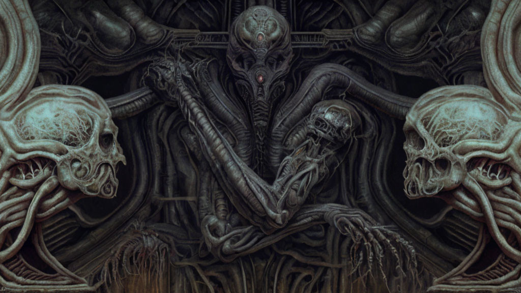 Elongated head alien creature with biomechanical surroundings and human skulls.