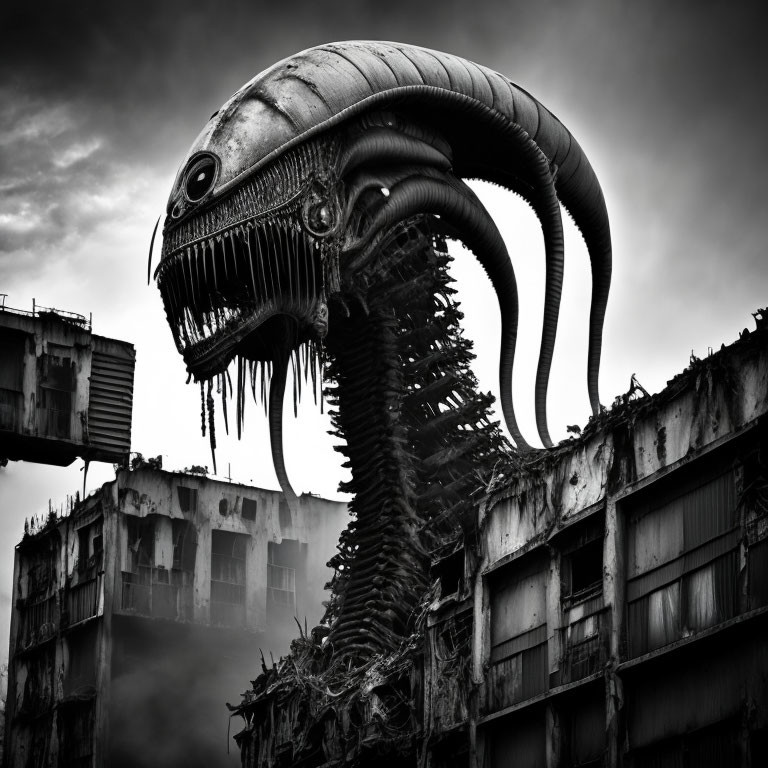 Gigantic alien creature in urban ruins under dark sky