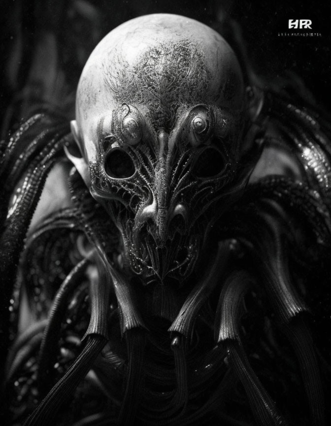 Monochrome image of intricate alien skull with large eye sockets and tendrils for a dark, sci-fi