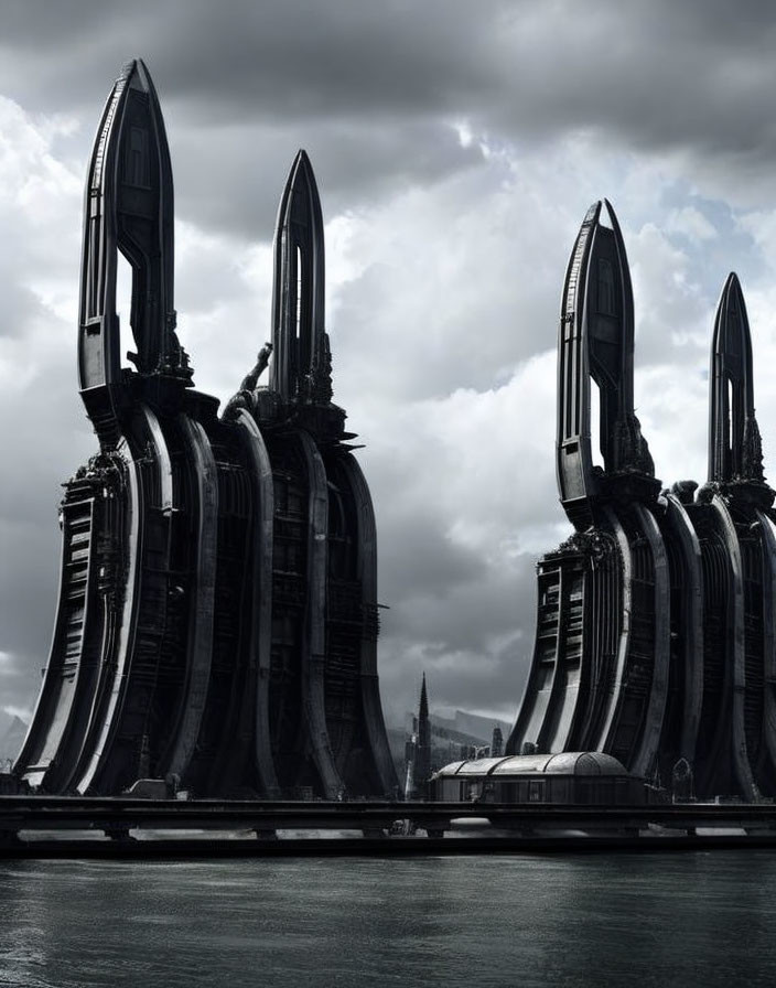 Dark futuristic cityscape with tall towers under stormy sky