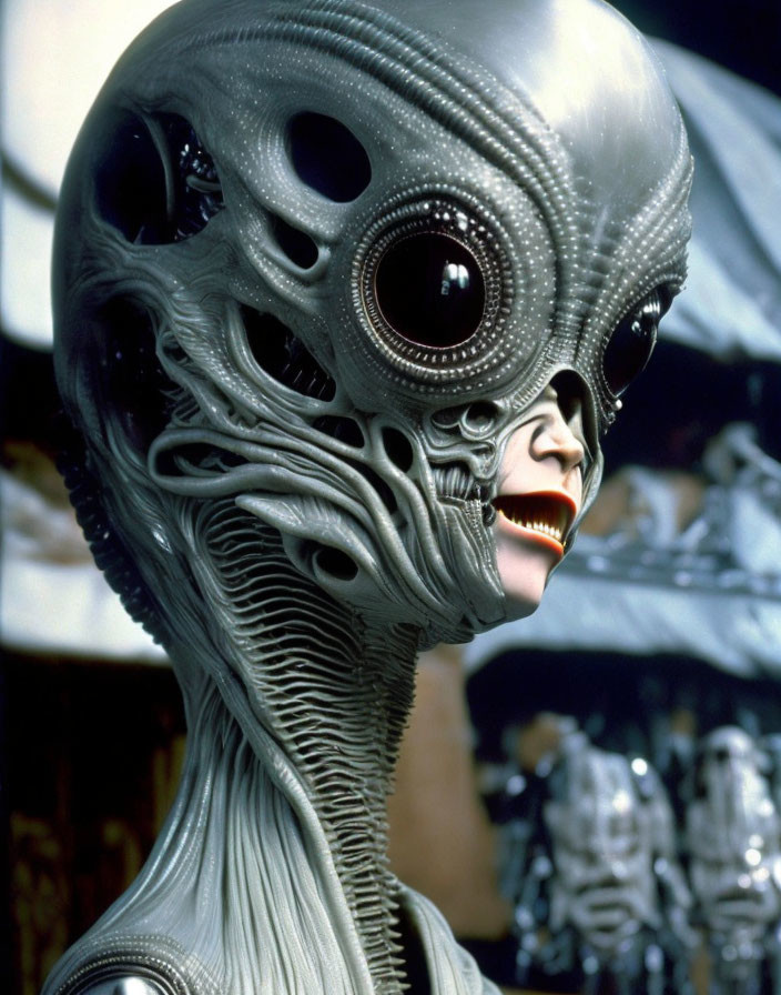 Detailed Close-Up of Alien with Large Head and Black Eyes