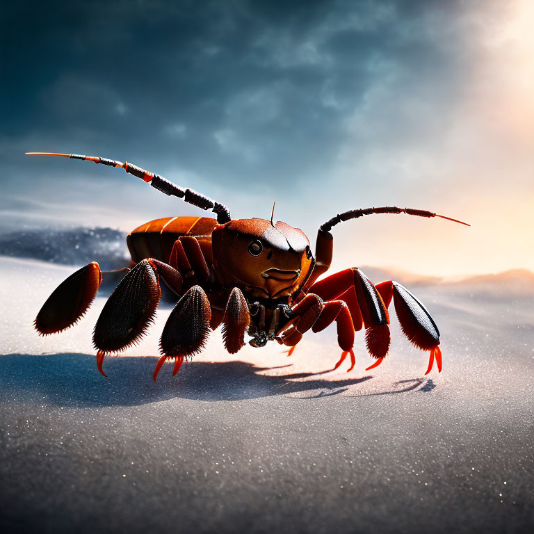 Ant with human-like face walking in snowy landscape under dramatic sky