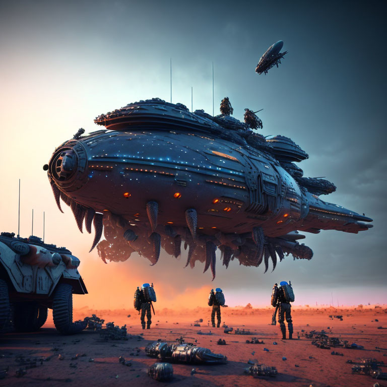 Sci-fi spacecraft hovers over barren landscape with soldiers and armored vehicles.