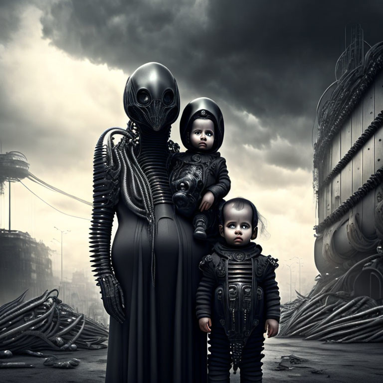 Surreal alien figure with children in industrial landscape