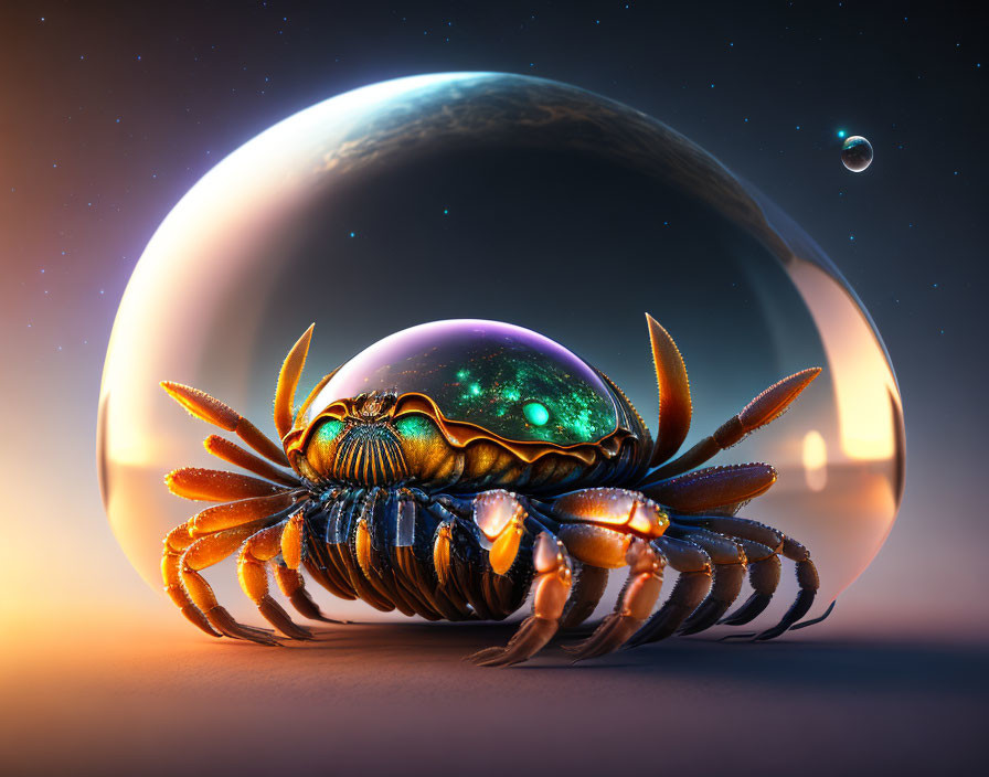 Surreal crab with galaxy shell under bubble in cosmic scene