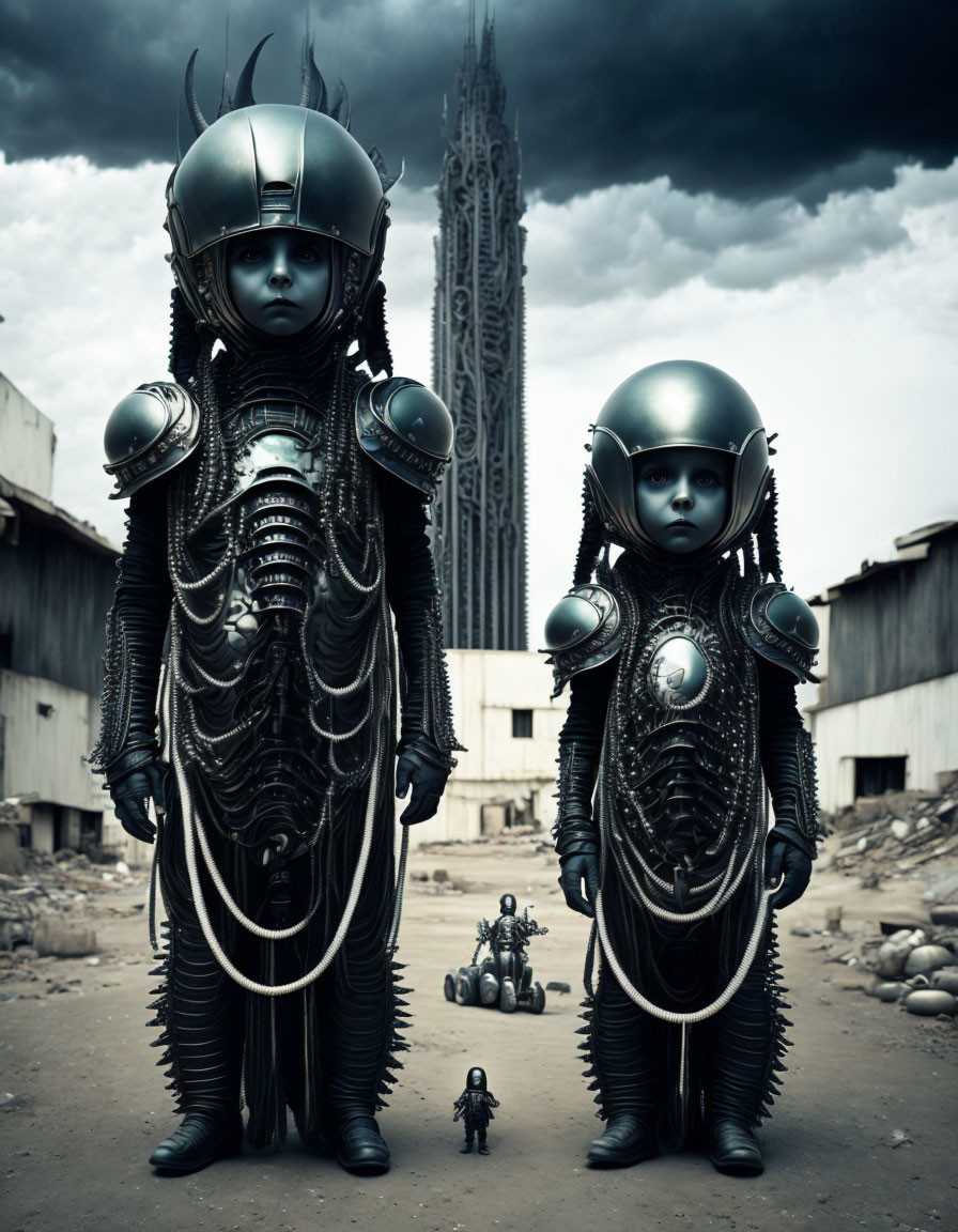 Futuristic children in armored suits in urban landscape with spire