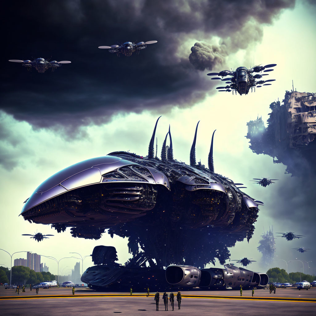 Advanced alien spacecraft hover over dystopian cityscape in dark storm.