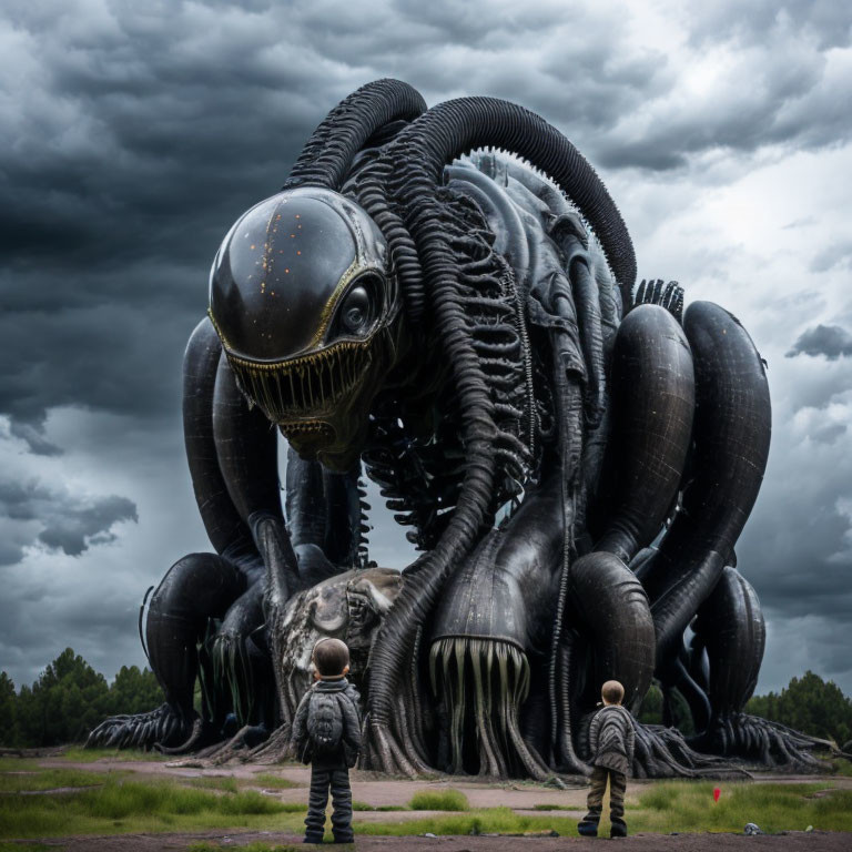 Two people face giant alien monster in stormy sky