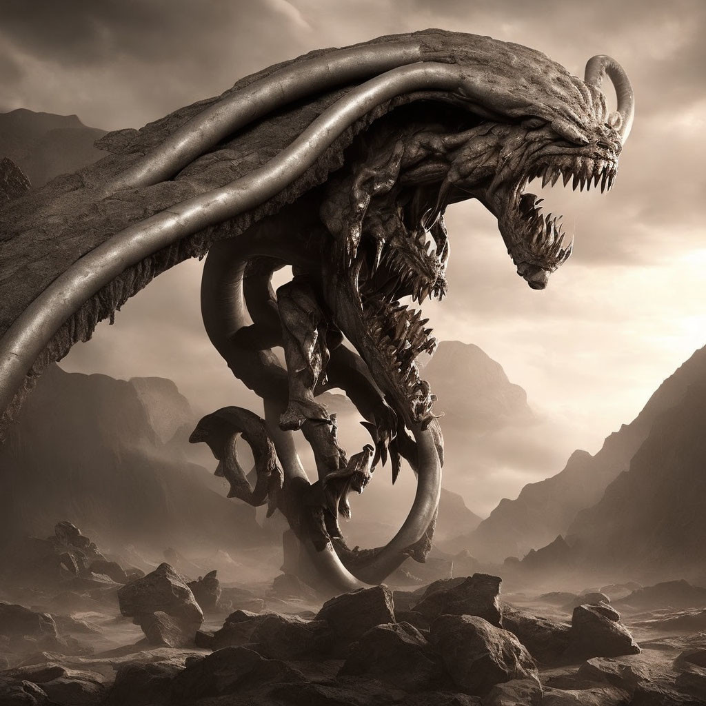 Monochromatic serpent-like dragon with fangs on rocky terrain