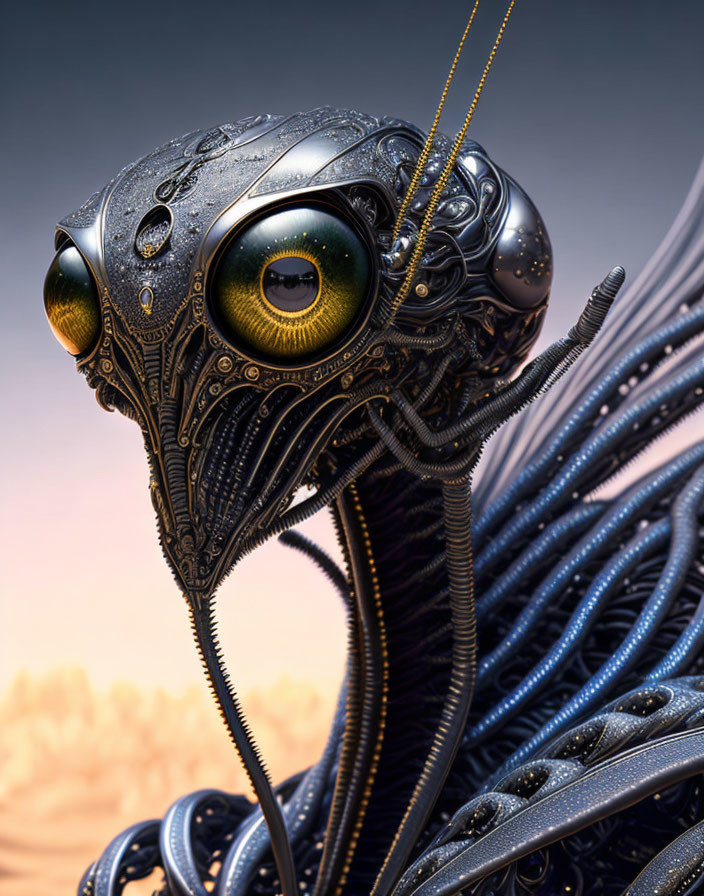 Detailed Robotic Creature with Large Yellow Eyes and Tentacle-like Cables at Dusk