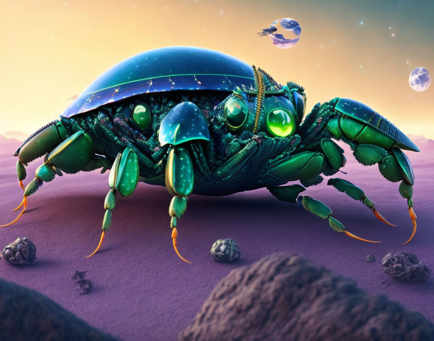 Colorful digital artwork: Large green metallic crab with glowing eyes on purple beach