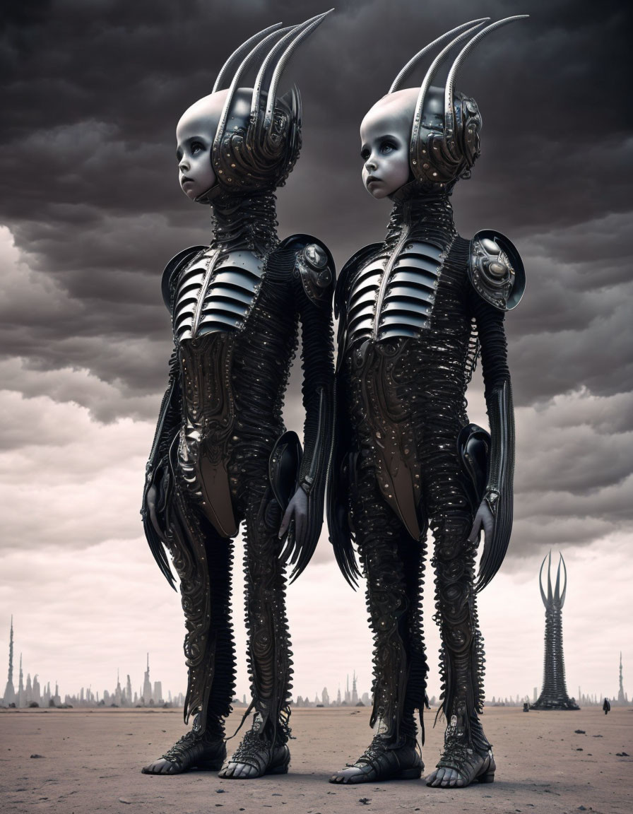 Intricate humanoid robots in futuristic landscape