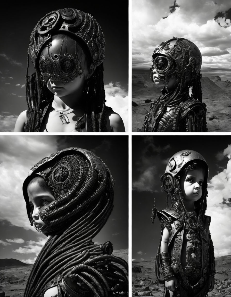 Monochrome portraits of child in futuristic helmet and armor against cloudy sky.