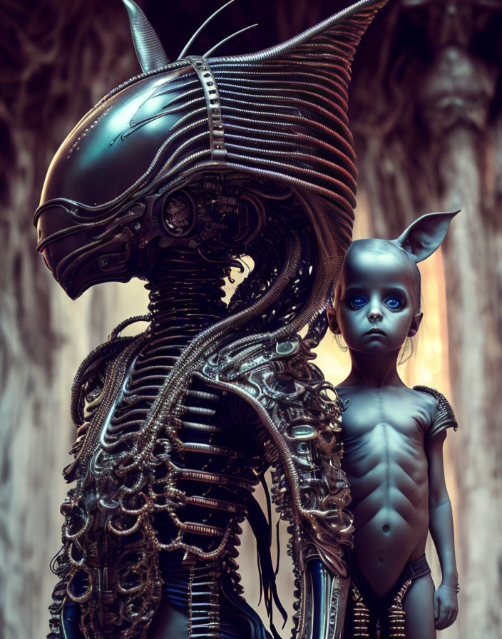 Detailed alien figure with smaller creature on textured backdrop