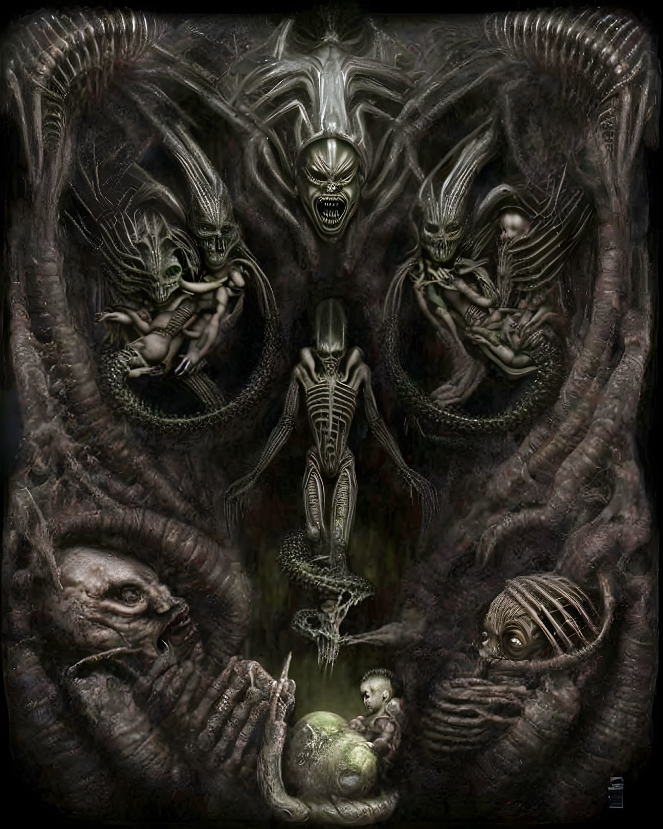 Gothic image with alien creatures and central figure holding orb