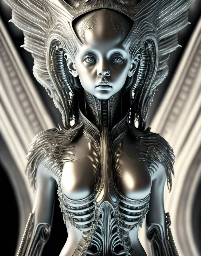 Intricate metallic headgear and armor on futuristic humanoid figure