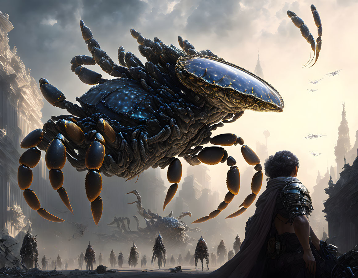 Gigantic armored crab creature in dystopian city with flying entities and human figure