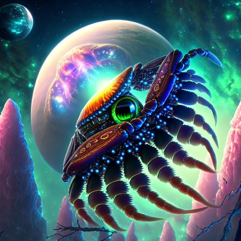 Fantastical armored creature in cosmic setting with planets and nebula