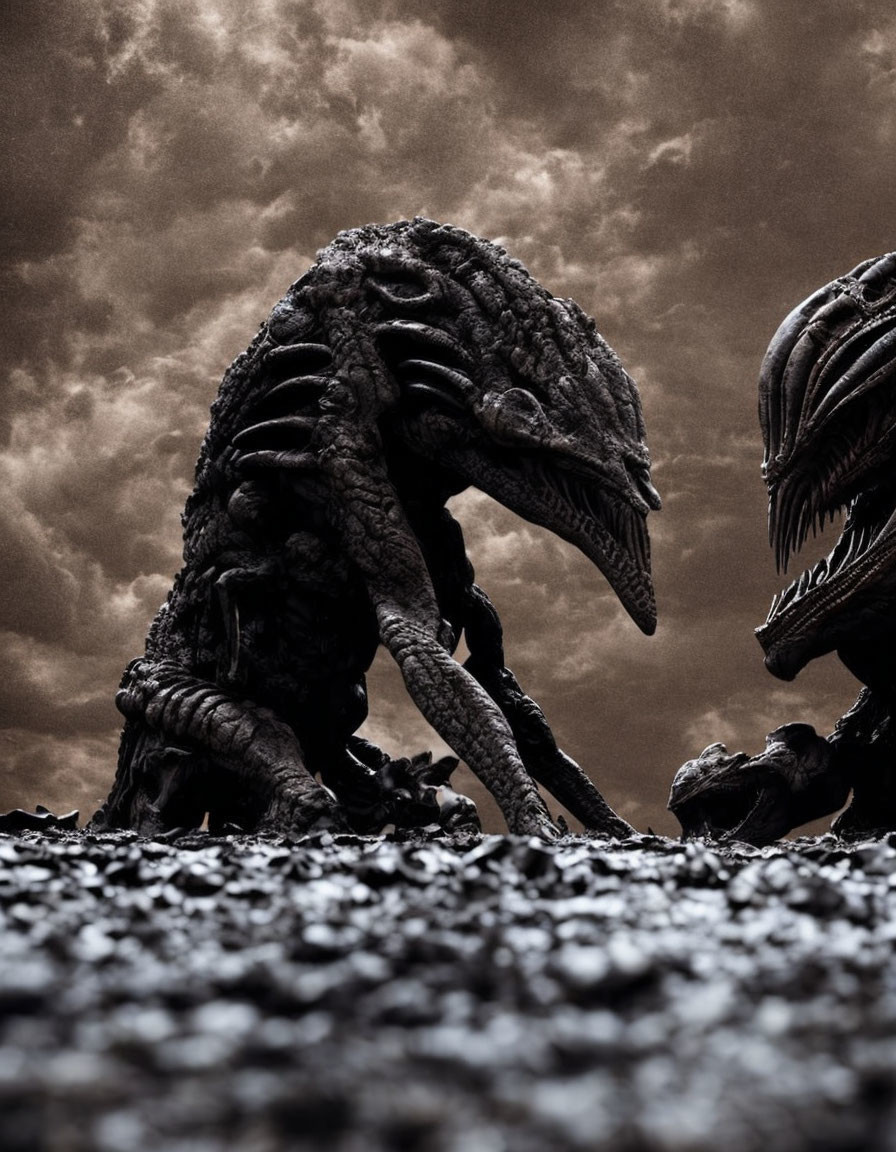 Monochromatic image of imposing alien creatures under brooding sky