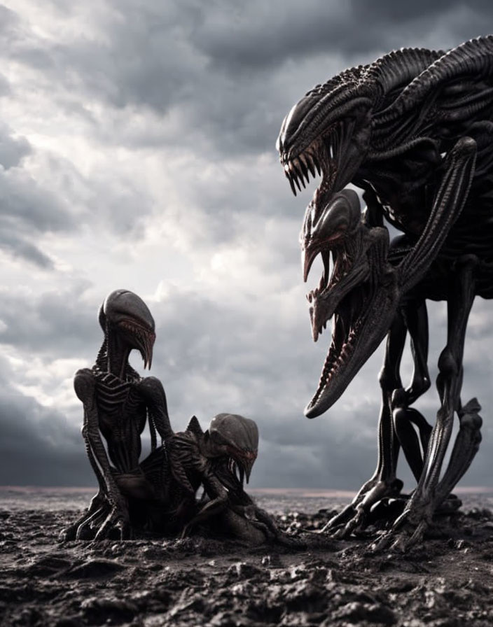 Menacing alien creatures with elongated skulls and sharp teeth under a stormy sky