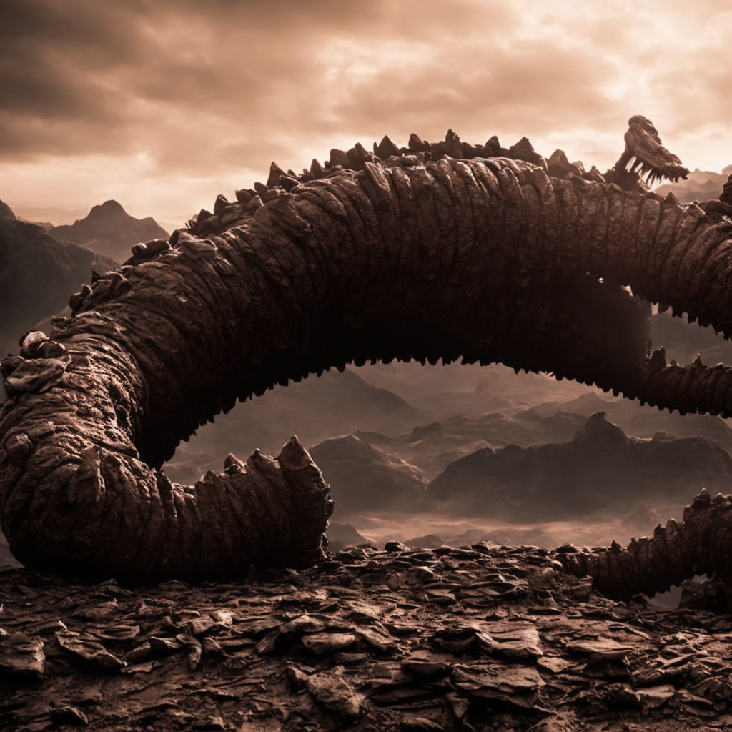 Large Dragon-like Skeleton in Dramatic Landscape with Birds and Mountains